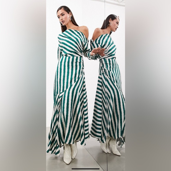 ASOS EDITION fallen shoulder midaxi dress in green stripe - Picture 4 of 6
